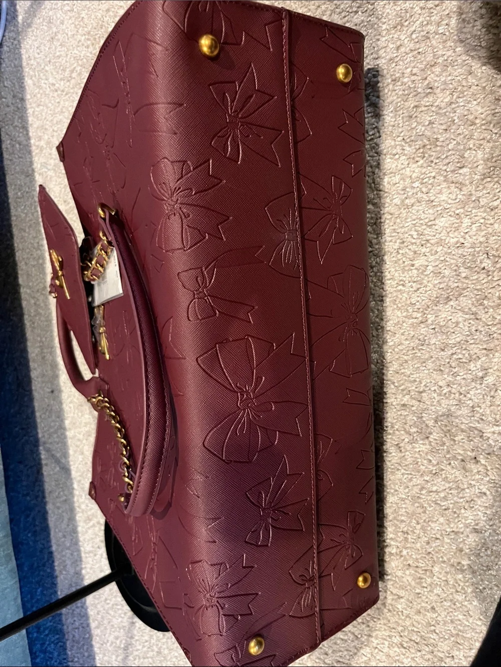 Betsey Johnson Maroon Embossed Bow Tote and Pouch with Gold Accents